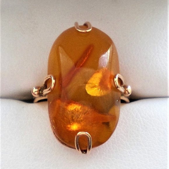 Vintage Russian Russia 14K 583 Rose Pink Gold Honey Baltic Amber Cocktail RING - Picture 6 of 9
